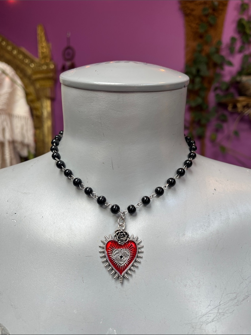 Goth black beaded sacred heart eye necklace